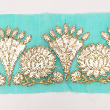 Blue Tissue Fabric Lace Trim with Gota Patti Embroidery, Foiled Embroidery in Silver, Sari Border Trim By Yard Decorative Trim Craft Lace